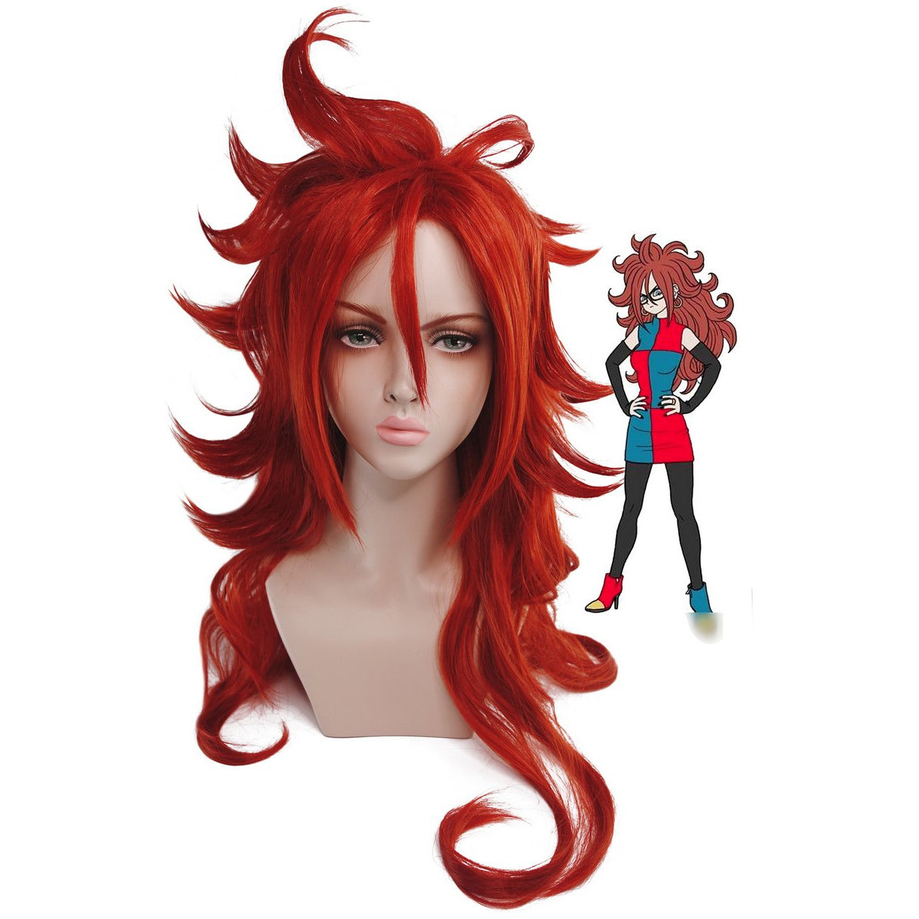 Android21 Cosplay Wig Long Bushy Auburn Hair Dragon Ball FighterZ Halloween Costume Wig