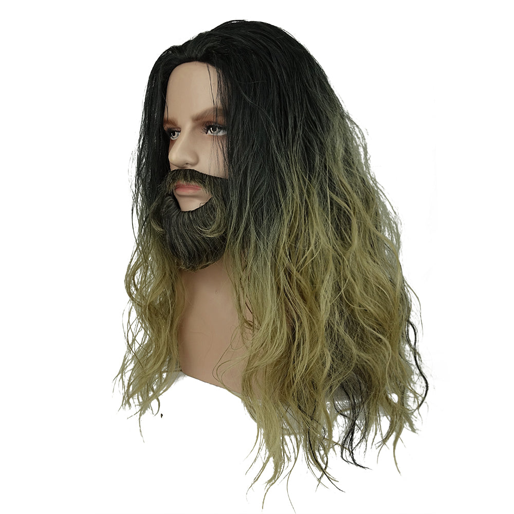 Aquaman Long Curly Hair and Beard Cosplay Wig Halloween Costume Wig