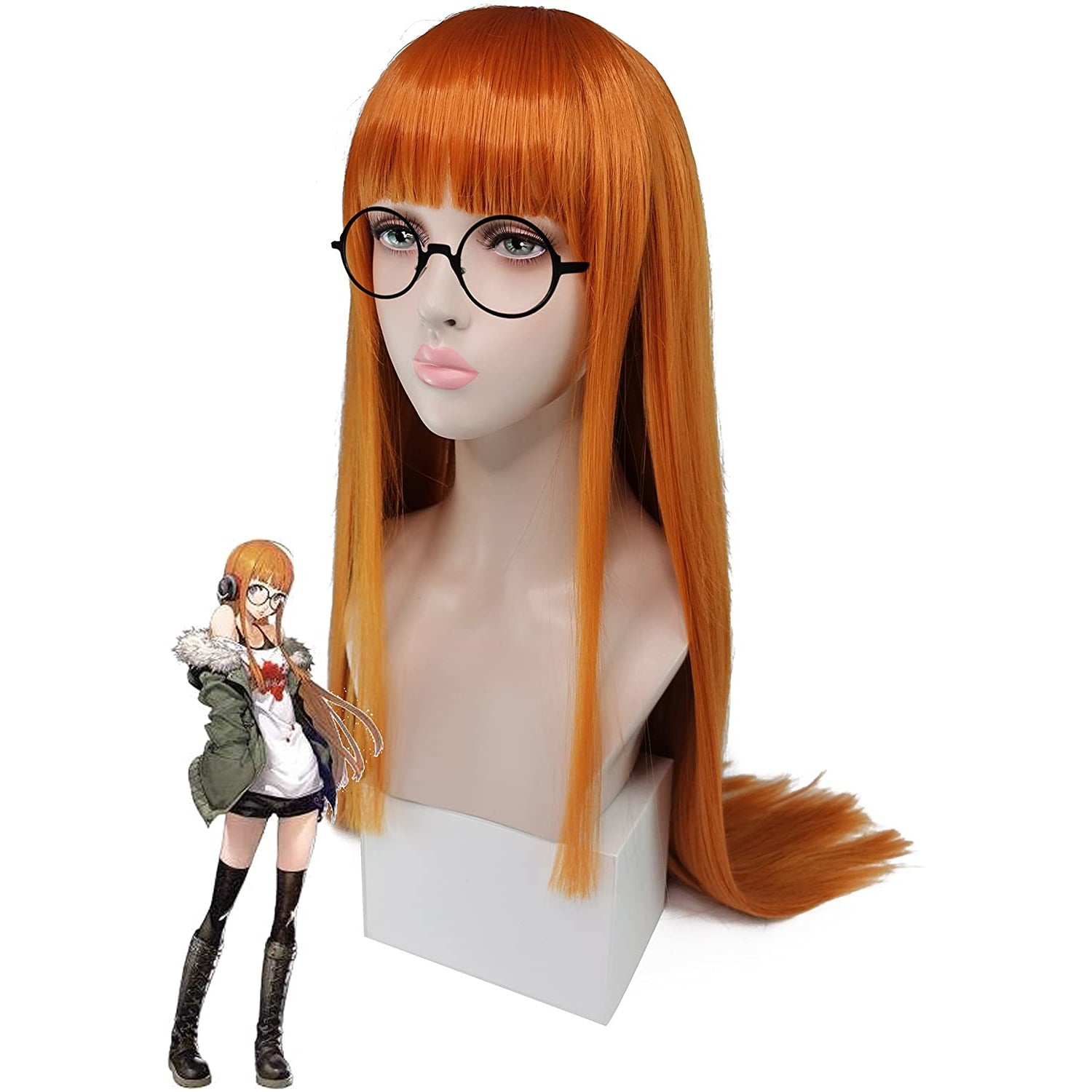 CrazyCatCos Futaba Sakura Cosplay Wig Orange Long Hair Perssona Halloween Costume Wig